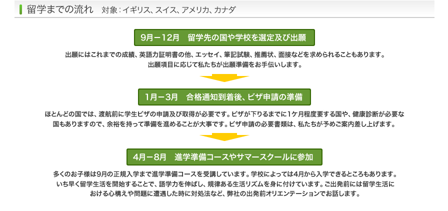 9月－12月　留学先の国や学校を選定及び出願 → 1月－3月　合格通知到着後、ビザ申請の準備 → 4月－8月　進学準備コースやサマースクールに参加